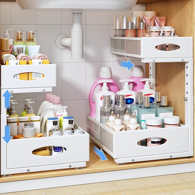 Under Sink Organizer, 2 Tier Pull Out Under Cabinet Organizer Shelf with Pad for Framed Cabinets, Metal Slide Out Under Sink Storage, Mesh Sliding Drawers for Kitchen Bathroom Laundry(White, 1 Pack)