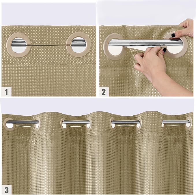 MitoVilla No Hooks Needed Extra Long Shower Curtain Liner Set, Beige 86 inch XL Heavyweight Waffle Fabric Cloth Shower Curtains Set with Snap-in Liner for Modern Luxury Hotel & Spa Bathroom Decor