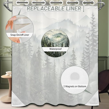 Forest Hookless Shower Curtain with Snap in Liner Set, Nature Mountain No Hook Shower Curtains for Bathroom, Double Layer Ringless, Liner with Magnets, Waterproof Cloth Fabric, 71" W x 74" L