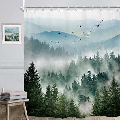 Riyidecor Green Mountain Shower Curtain 72Wx96H Inch Extra Long Nature Rustic Woodland Tree Scenery,Alpine Landscape Natural Foggy Mens Bathroom Decor Fabric Polyester Waterproof 12 Pack Hooks