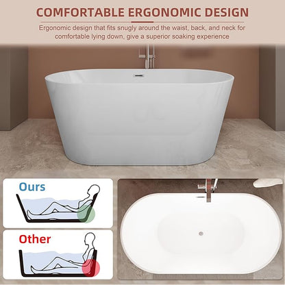 55 inch Freestanding Bathtub, Modern Soaking Stand Alone Bathtubs, Free Standing Acrylic Tub with Center Drain & Overflow, Glossy White