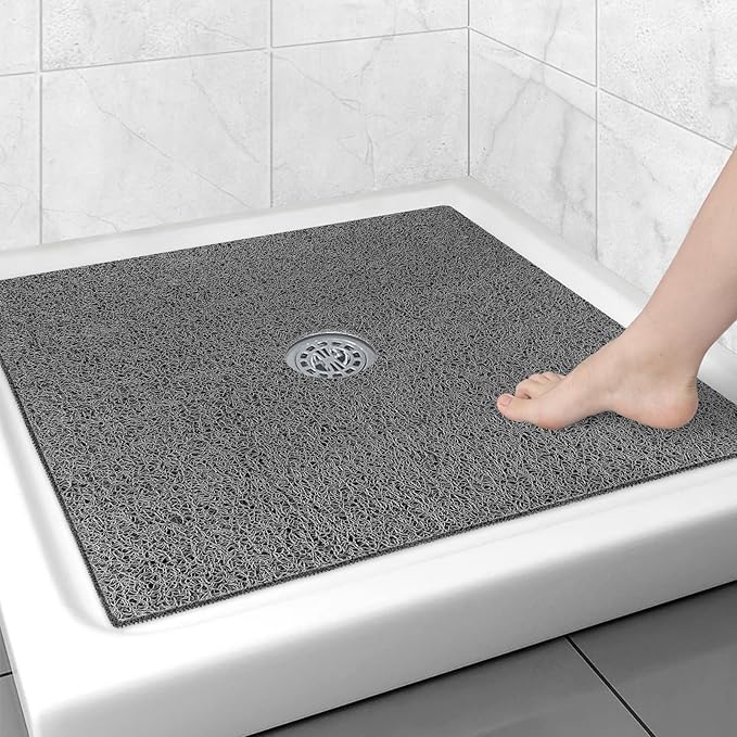 Square Shower Mat Non Slip: 31x31 Inch Extra Large Shower Floor Mat with Drain Hole in Middle - Soft PVC Loofah Bath Mat for Shower - Anti Slip Shower Stall Mat for Elderly and Kids