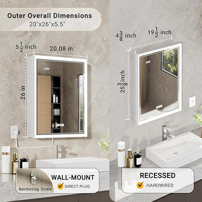 Beveled Lighted Medicine Cabinet with Mirror & Lights -20x26 Surface or Recessed Mirrored Medicine Cabinet with Outlet & Clock, Anti-Fog Dimmable LED Storage Cabinet, Built-in Sensor Light