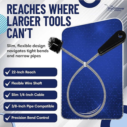 22" Long Sink Drain Cleaning Brush by FryOilSaver Co., Clog Remover for Small Spaces Perfect for Unclogging Sink, Toilet & Shower Drain, Drain Snake Hair Clog Remover, Tiny Pipe Cleaning Brush - B113C