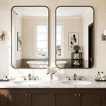 Antok 2-Pack Bathroom Mirrors, 22"x30" Double Wall Mirrors, Decorative Mirror Vanity Mirror Aluminum Alloy Frame Contemporary Hanging for Living Room Bathroom Entryway, Black