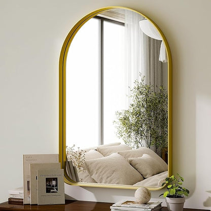 GLSLAND 26”x38“ Gold Arched Bathroom Mirror - Aluminum Alloy Framed Mirrors for Wall- Arch Wall Mirror, Brush Gold Bathroom Mirror for Bedroom