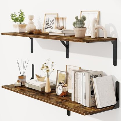 Floating Shelves 40"W x 12"D, Deep Wall Shelves with Brackets for Books, Plant, 12 Inch Deep Bathroom Shelf Set of 2, Large Floating Shelf for Living Room, Bedroom, Kitchen, Rustic Brown, Set of 2