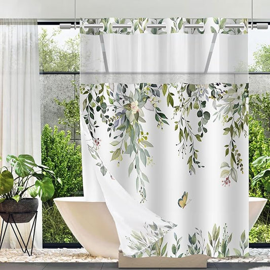 No Hook Shower Curtain and Liner Set, Sage Green Eucalyptus Floral Shower Curtains for Bathroom, Bath Curtain Sets with Snap in Liner, Waterproof with See Through Top Window, 71x77 Inches