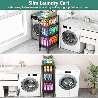 Utility Slim Storage Cart with Wheels, 4-Tier Narrow Rolling Organizer Shelf with Wood Top, Metal Storage Rack and Space-Saving Organizer for Bathroom, Kitchen, Laundry Room, Small Spaces