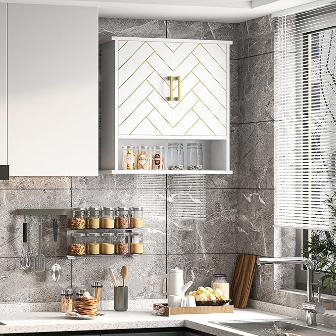 White Chevron Pattern Bathroom Wall Mount Cabinet, Stylish Hanging Medicine Cabinet with Open Shelf, Over The Toilet Storage for Bathroom Kitchen (23 5/8" x 22 7/8" x 15 3/4")