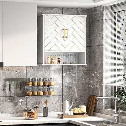 White Chevron Pattern Bathroom Wall Mount Cabinet, Stylish Hanging Medicine Cabinet with Open Shelf, Over The Toilet Storage for Bathroom Kitchen (23 5/8" x 22 7/8" x 15 3/4")