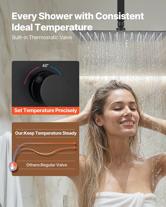 VEVOR Shower Faucet Set, 12 Inch Thermostatic Ceiling Mount Rainfall Shower System with 6 Inch Wall Mount Head and 2 in 1 Handheld Spray, 3-Function Dual Rain Head Brass Valve & Trim Kit, Matte Black