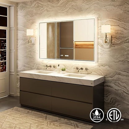 60x30 Beveled Lighted Medicine Cabinet with Mirror & Lights, Surface or Recessed Mirrored Medicine Cabinet with Outlet & Clock, Anti-Fog Dimmable LED Storage Cabinet, Built-in Sensor Light