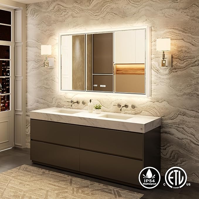 48x30 Beveled Lighted Medicine Cabinet with Mirror & Lights, Surface or Recessed Mirrored Medicine Cabinet with Outlet & Clock, Anti-Fog Dimmable LED Storage Cabinet, Built-in Sensor Light