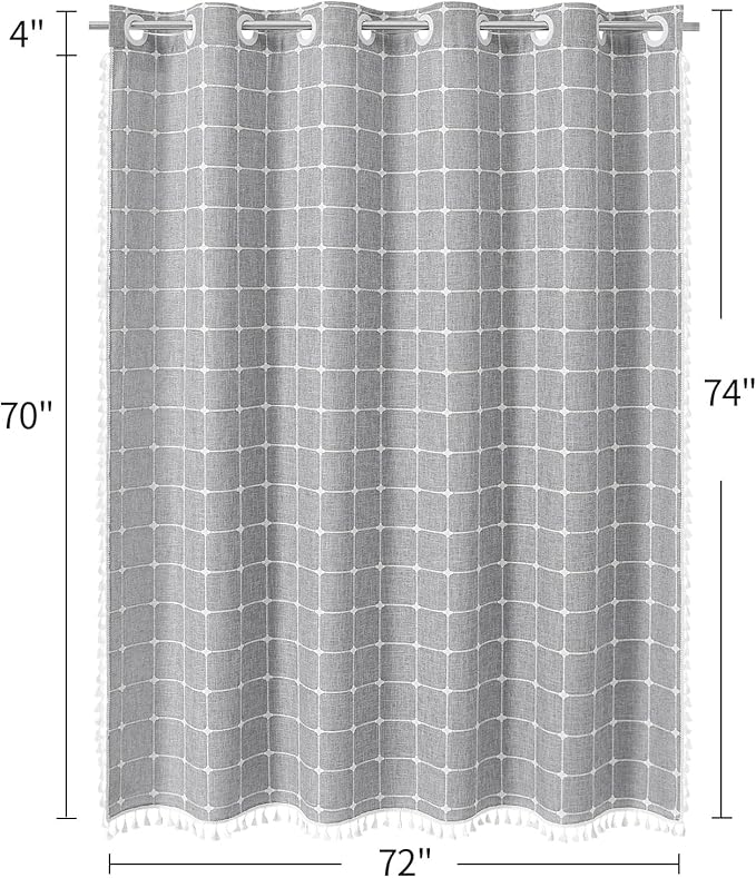 MitoVilla No Hooks Needed Boho Farmhouse Shower Curtain with Snap-in Liner, Cotton Linen Fabric Shower Curtains with Tassels for Rustic Neutral Bathroom Decor, Grey, 72 x 74