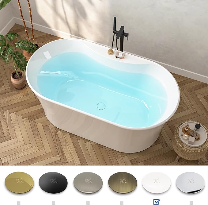 FerdY Santorini 58" Acrylic Freestanding Tub, Gracefully Shaped Contemporary Soaking Tub, Glossy White, cUPC Certified, White Toe-tap Drain and