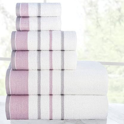 CASA COPENHAGEN White Bay, 6 Pieces Towel Set- White with Lavender and Grey Violet Border, 600 GSM, 2Bath, 2Hand, 2Washcloths Egyptian Cotton Towel for Hotel Spa Kitchen Bathroom Kitchen & Shower