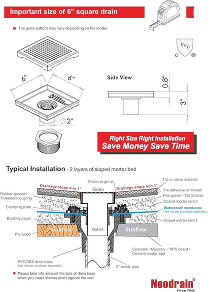 Neodrain 6-Inch Square Shower Drain with Removable Quadrato Pattern Grate, PVC Shower Drain Base and Rubber Gasket for Bathroom Floor Drain, Brushed 304 Stainless Steel, Includes Hair Strainer