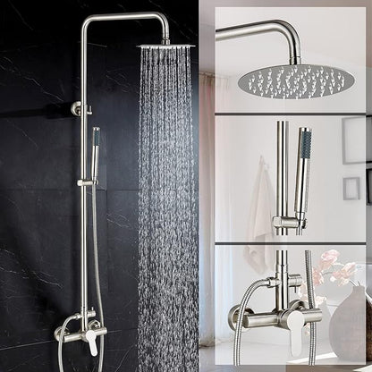 Rain Shower System Outdoor Shower Fixtures with 8" Rain Shower Head Handheld Sprayer Single Handle Wall Mounted Bathroom Shower Faucet Set Brushed Nickel for Bathroom or Backyard