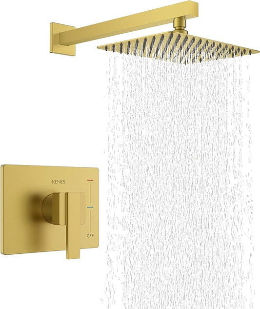 KENES Brushed Gold Shower Faucet, Modern Square 10-Inch Shower Head and Handle Set, Bathroom Rainfall Shower System Wall Mount, KE-6024B-4 (Including Shower Valve)