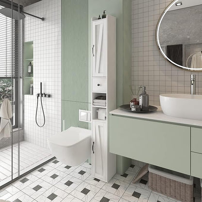 Tall Bathroom Storage Cabinet with Adjustable Shelves, Narrow Storage Cabinet with 2 Doors, Drawer, Toilet Paper Holder, Slim Storage Cabinet for Small Space, Kitchen, Laundry, Entryway, White