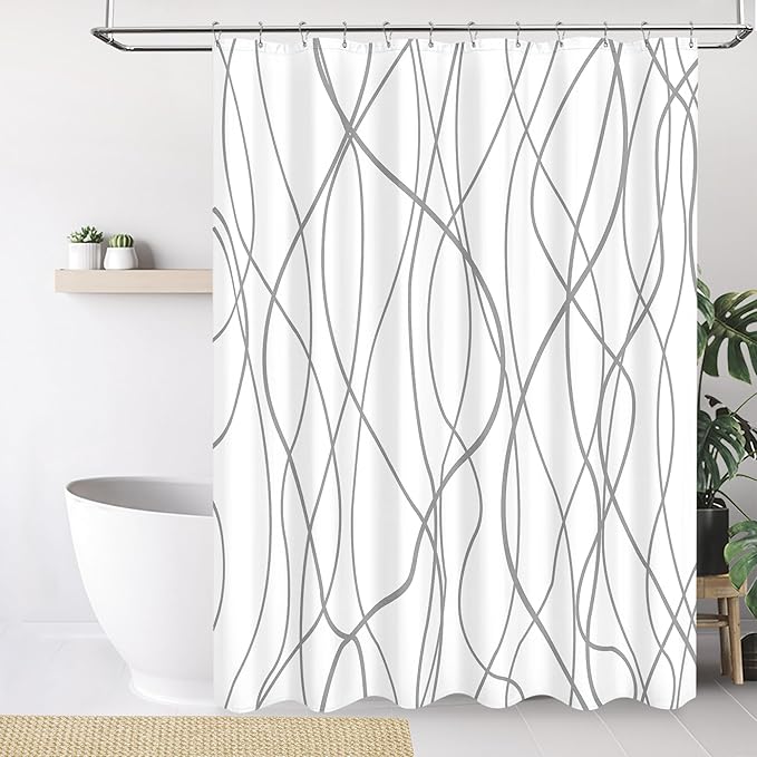 Tititex Morden 140gms Faux Linen Fabric Bath Shower Curtain Set Textured Fabric with White Gray Curve Pattern 72x72 Inch Water Resistant Bathroom Curtains, Weighted Hem & Hooks for Home/Hotel