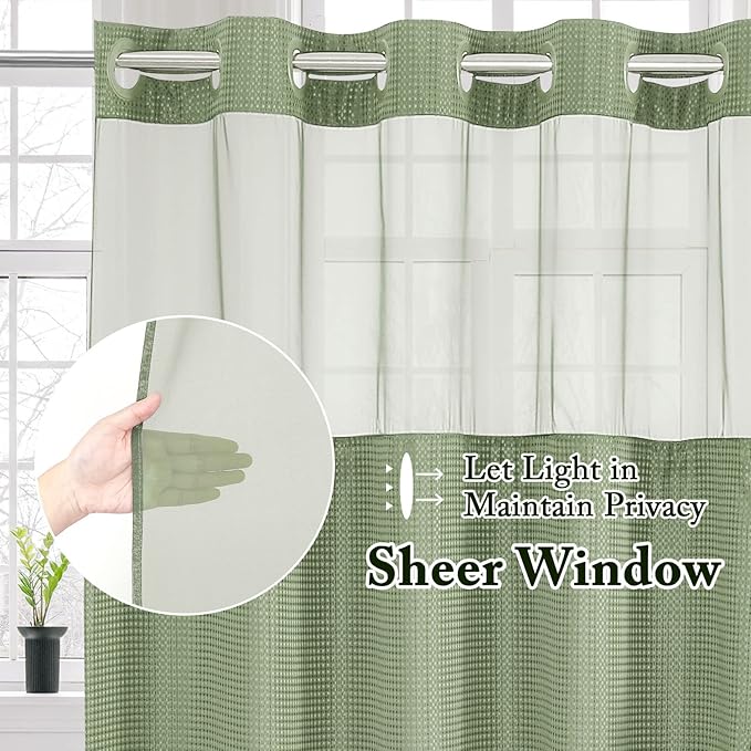 Gibelle No Hook Waffle Weave Shower Curtain with Snap-in Fabric Liner Set for Bathroom, Hotel Style with Mesh Top Window, Waterproof & Washable, Sage Green, 72x74