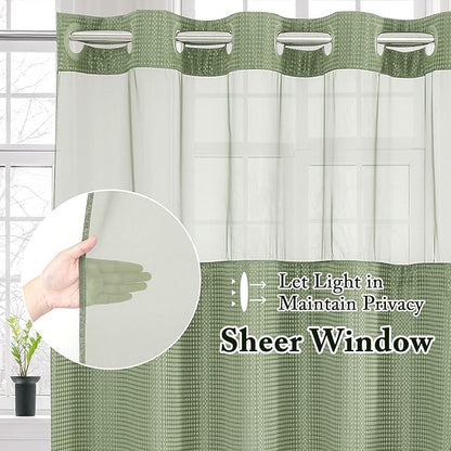 Gibelle No Hook Waffle Weave Shower Curtain with Snap-in Fabric Liner Set for Bathroom, Hotel Style with Mesh Top Window, Waterproof & Washable, Sage Green, 72x74