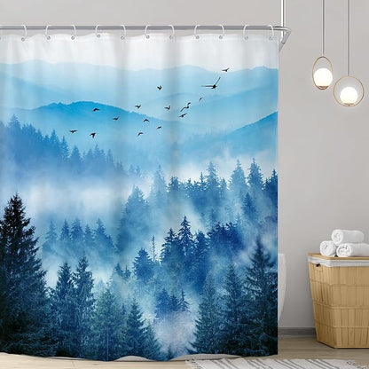 Riyidecor Navy Blue Mountain Shower Curtain 72Wx96H Inch Extra Long Nature Woodland Scenery Park Scene View Foggy Pine Tree Alpine Cool Mens Bathroom Decor Fabric Polyester Waterproof 12 Pack Hooks