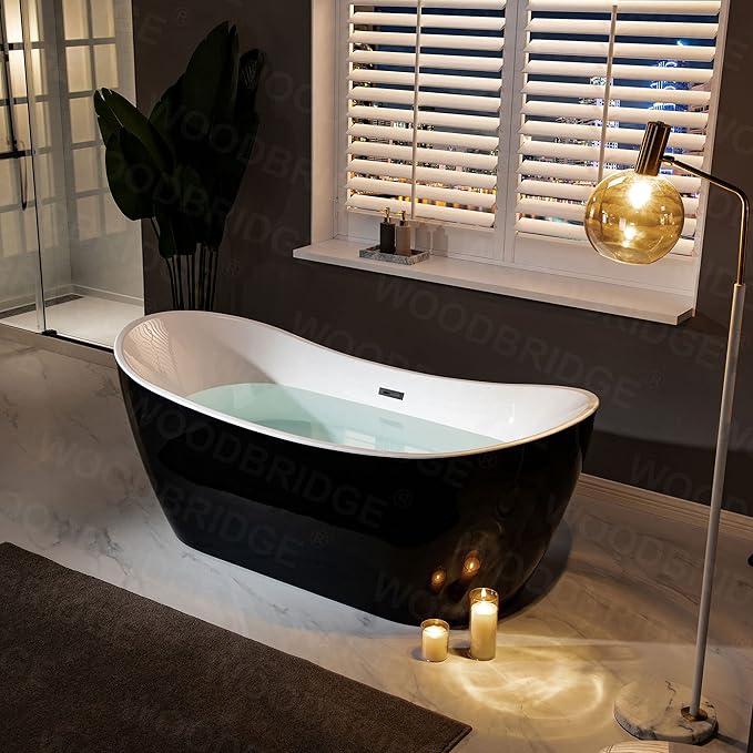 WOODBRIDGE 71" Acrylic Freestanding Bathtub Contemporary Soaking Black Tub with Matte Black Overflow and Drain,Black,B1817-MB