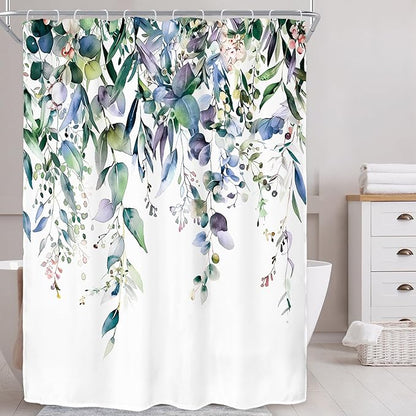 Riyidecor Extra Long Navy Eucalyptus Shower Curtain for Bathroom Decor 54Wx78H Eucalyptus Plants Leaves Botanical Leaf Floral Art Printed Fabric Polyester Waterproof 12 Pack Plastic