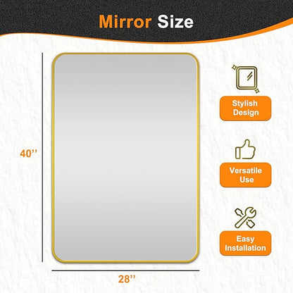 Delma Bathroom Mirror, Sleek Wall Mirror for Over Sink, Tempered Glass, Anti-Rust, Hangs Horizontally or Vertically for Bathrooms, Bedrooms & Entryways(40x28, Gold)