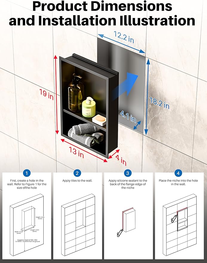 Black LED Shower Niche Stainless Steel 304 for Bathroom Storage Lighting,No Tile Need Recessed Wall Double-Shelves for Waterproof Lighting and Storage，Matte Black, 18" * 12"