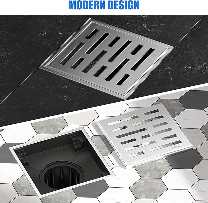 Neodrain Square Shower Drain, 4 inch Stainless Steel 304 Grate and PVC Drain Body, Brick Pattern Grate with Brushed Nickel Finish, Kit Includes Hair Trap/Strainer,Lifting Hook and PVC Drain Base