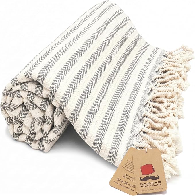 Bazaar Anatolia Turkish Beach Towel – 100% Cotton, Quick Dry, Sand Free Large Towel for Bathroom and Camping – Oversized 71x39 Inches – Arpa Grey