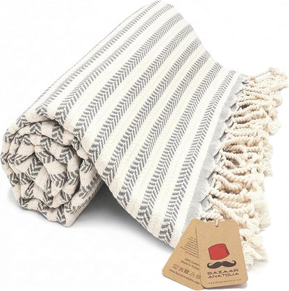 Bazaar Anatolia Turkish Beach Towel – 100% Cotton, Quick Dry, Sand Free Large Towel for Bathroom and Camping – Oversized 71x39 Inches – Arpa Grey
