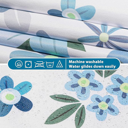 Lagute SnapHook Hook Free Fabric Floral Shower Curtain for Modern Bathroom with Snap-in Liner & See Through Top Window, Machine Washable | Hotel Grade, 71Wx74L, Green Daisy