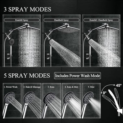 Veken 14" Wide Rain Shower Head with Handheld, High Pressure Handheld Shower Heads with Multi Spray Modes, Rainfall Combo with Metal Extension Arm,Detachable Dual Shower, Extra Long Hose,Silver Chrome