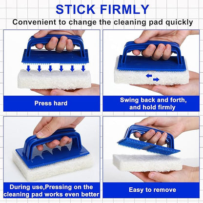 Maxdot 18 Pcs Handled Bath Scrubber Set, 15 Bathroom Scouring Pad 3 Bathtub Scrubber with Handle Non Scratch Soap Scum Remover for Cleaning Sink Shower Tile Swimming Pool Step Corner(Blue and White)