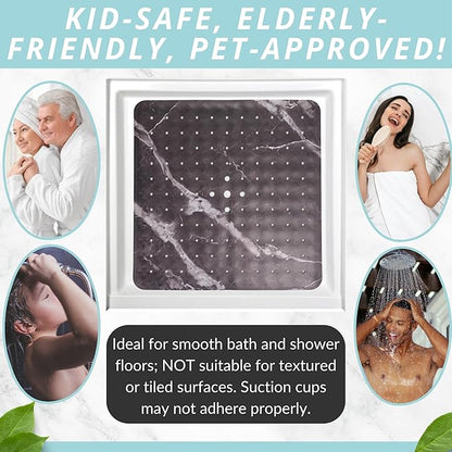 ENKOSI Square Shower Mat 21 x 21 – Anti Slip Shower Mat with Secure Suction Cups and Drain Holes – Square Shower Stall Floor Mats with Black Marble Design (Marble Black 21x21)