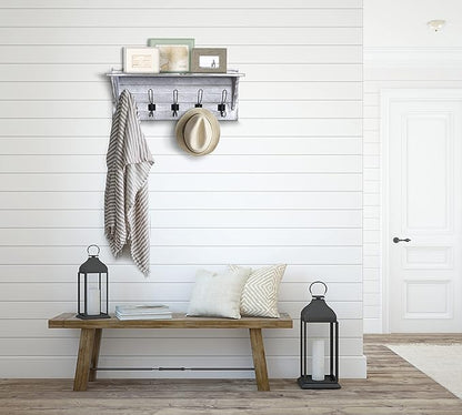 HBCY Creations Rustic Wall Mounted Coat Rack with Shelf - Solid Wood 24" Entryway Shelf with 5 Coat Hangers. Perfect Touch for Your Entryway, Mudroom, Kitchen, Bathroom and More, Whitewash