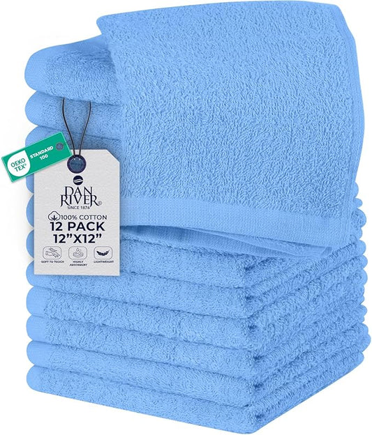 DAN RIVER 12 Pack Wash Cloths for Showering [12x12] - 100% Cotton Washcloths Premium Quality Flannel Face Cloths for Bathroom, Highly Absorbent and Soft Feel Wash Clothes, M Blue