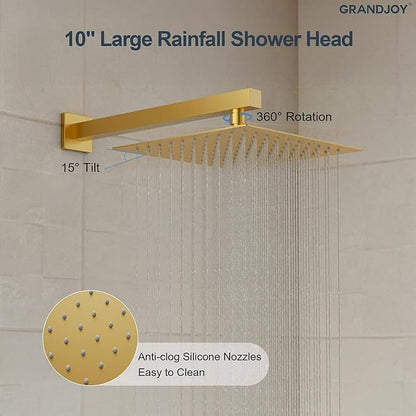 Brushed Gold 10 Inch Rainfall Shower System with Handheld Spray & Adjustable Slide Bar, Wall Mount Bathroom Shower Faucet Set, Valve Included