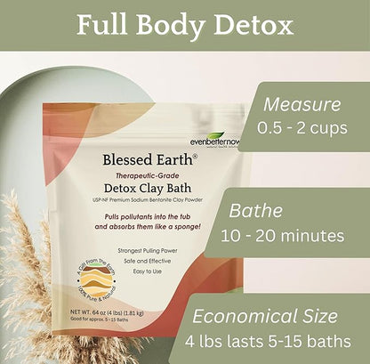 Blessed Earth Detox Clay Bath, 100% Pure Sodium Bentonite Therapeutic Grade – Cleansing and Purifying, by Evenbetternow LLC, 4 lb (64 oz)