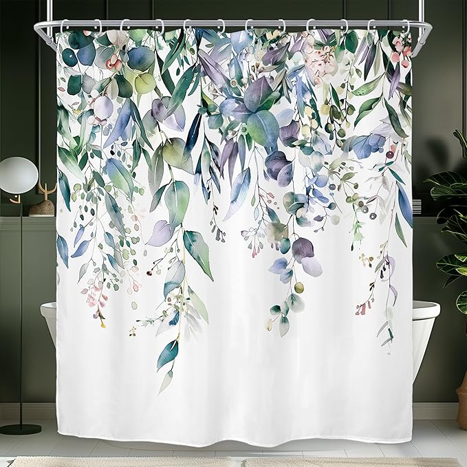 Riyidecor Teal Shower Curtain for Bathroom Decor 72Wx72H Eucalyptus Leaves Plants Navy Watercolor Floral Rustic Botanical Spring Nature Art Printed Fabric Polyester Waterproof 12 Pack Plastic
