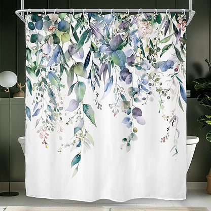 Riyidecor Teal Shower Curtain for Bathroom Decor 72Wx72H Eucalyptus Leaves Plants Navy Watercolor Floral Rustic Botanical Spring Nature Art Printed Fabric Polyester Waterproof 12 Pack Plastic