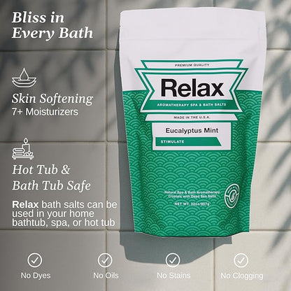 Relax Spa & Bath, Epsom & Dead Sea Salts, Aromatherapy Bath Salts for Hot Tub, Bath, or Spa, Infused with Magnesium, Eucalyptus Mint Scent