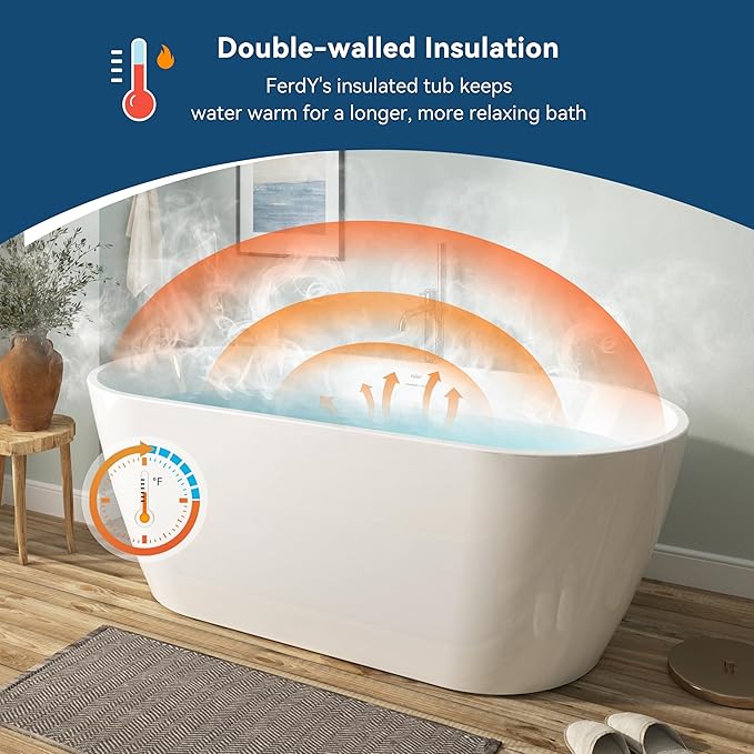 FerdY 67" Bali Acrylic Freestanding Bathtub, Gracefully Shaped Freestanding Soaking Bathtub, cUPC Certified, Toe-Tap Polished White Drain and Minimalist Linear Design Overflow Included
