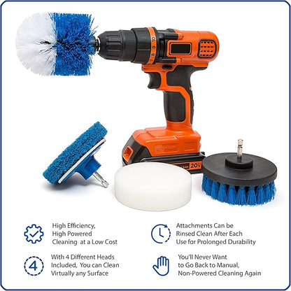 RevoClean 4 Piece Scrub Brush Power Drill Attachments-All Purpose Time Saving Kit-Perfect for Cleaning Grout, Tile, Counter, Shower, Grill, Floor, Kitchen, Blue & White