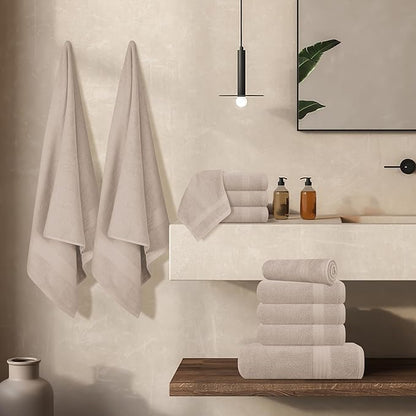 GLAMBURG Ultra Soft 24-Piece Towel Set - 100% Pure Ringspun Cotton, Contains 8 Oversized Bath Towels 27x54, 8 Hand Towels 16x28, 8 Wash Cloths 13x13 - Ideal for Everyday use, Hotel & Spa - Tan